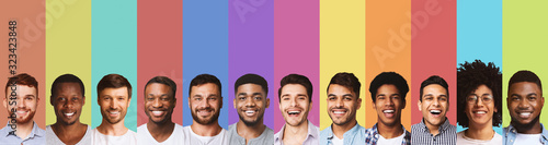 Panoramic collage of young guys smiling over colorful backgrounds