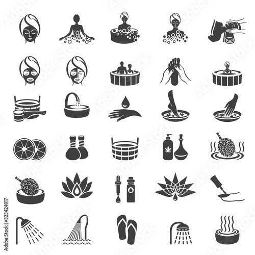 Simple Set of SPA Vector Icons. Body Care & Cosmetics Services. Wellness Symbols Collection on white background. Spa, beauty, sauna, steam bath and massage therapy web icons set. Health concept.