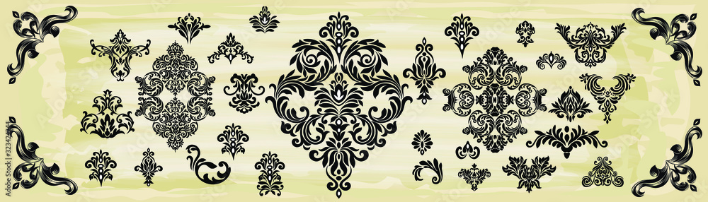 Oriental vector damask patterns for greeting cards and wedding invitations.