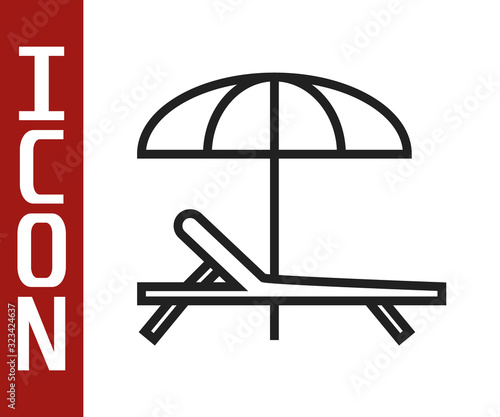 Black line Sunbed icon isolated on white background. Beach umbrella and Sun lounger. Vector Illustration