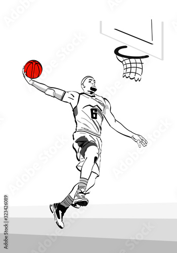 Baketballplayer jumps, springt und wirft den Ball