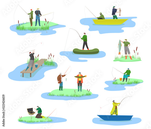 Fisherman in boat on river, people with spinning rod catching fish in lake water, vector illustration. Men fishing, set of isolated cartoon characters in flat style, outdoor hobby, weekend activity