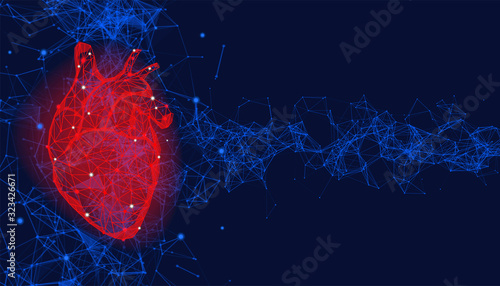 Futuristic medical concept with red human heart. Abstract geometric design with plexus effect on blue background. Healthcare and cardiology banner with copy space.