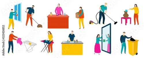 People doing house work, set of isolated cartoon characters, household chores, vector illustration. Men and women cleaning apartment, washing dishes and dusting furniture. Domestic housework routine