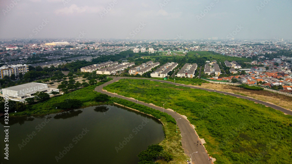 Aerial View or Drone Shot. Beautiful Residential area and garden view after rain