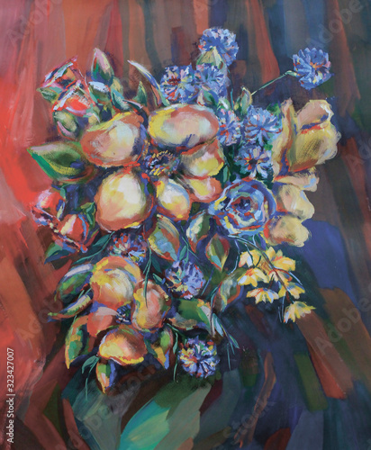 Colorful painting of flower bouquet. Hand painted impressionism style with gouache