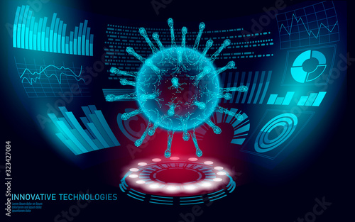 Virus cell low poly structure. Disease infection medicine healthcare concept. Coronavirus HUD analysis. Infection pneumonia research. Innovative technology drug test concept. Vector illustration photo