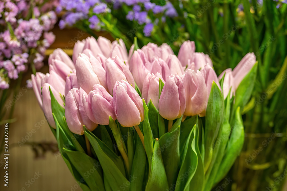 Fototapeta premium Pink tulips in flower shop with other flowers at the background. Bouquet of flowers for sale.