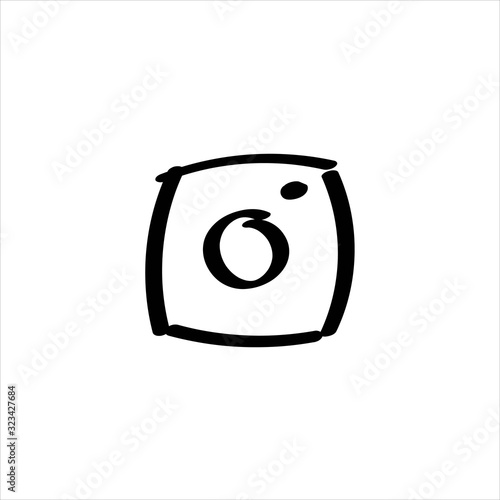 Icon sign with camera for Social pages section. Black hand draw doodle sketch can be used in greeting cards, posters, flyers, banners, logos, web design, CV etc. Vector illustration. EPS10
