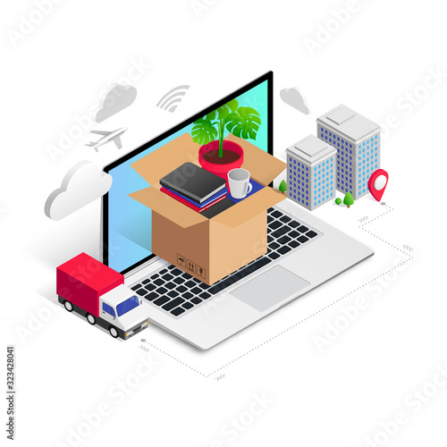 Relocation service, transport company isometric concept with home furniture box in laptop, truck, buildings isolated. Moving to new house, office 3d vector illustration for web, banner, app, advert