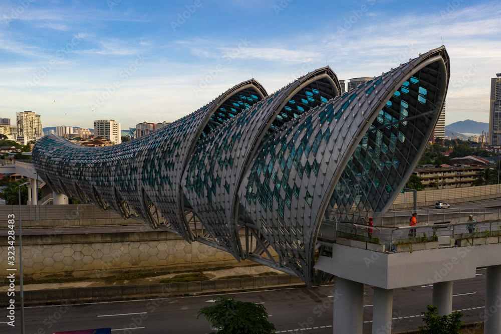 Fototapeta premium kuala lumpur, malaysia - 16 february 2020. newly launched bridged call saloma link in morning view aerial shot