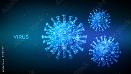 Coronavirus 2019-nCov novel coronavirus low poly abstract concept. Microscopic view of virus cells close up. Dangerous asian ncov corona virus, SARS pandemic risk. 3D polygonal vector illustration.