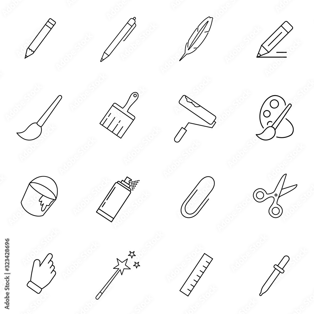 Drawing and Writing tools icon set, thin line style, flat design. Modern graphic design concepts. Drawing and Writing tools icon set, thin line style, flat design. Modern graphic design concepts.