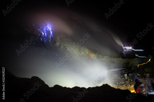 blue flames long expsure at night in ijen indonesia