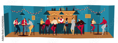 People bar, friends meet in pub night restaurant, men and women drink alcohol, vector illustration. Group of people relax in bar after work, friday evening in restaurant. Bartender in night pub