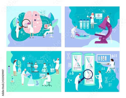 Biologists in laboratory, people medical research, doctor lab equipment, vector illustration. Medicine development process, team of biological science doctors. Brain research, set of biology concepts