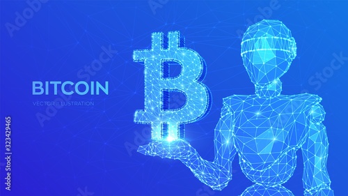 Bitcoin. Low poly abstract mesh line and point Bitcoin sign. Crypto currency, virtual electronic, internet money. Abstract 3d low polygonal robot holding Dollar icon. Vector illustration.