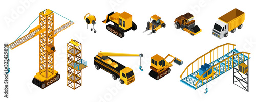 Building machines in isometric style, set of isolated vehicles, vector illustration. Heavy machinery industrial construction, building crane, bulldozer, excavator and forklift. Construction industry