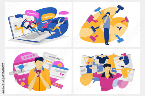 Cyber bullying concept, school kids harassment and teen pressure online, vector illustration. People stressed out, negative comments on social media. Cyber bullying on internet, dislikes, hate message
