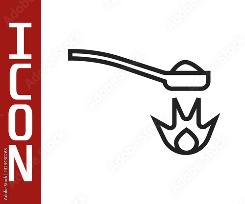 Black line Heroin in a spoon icon isolated on white background. Concept of drug addiction and dependence from the narcotic. Junkie lifestyle. Vector Illustration