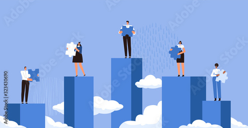 Businessmen stand on different catwalks, hold the details of the puzzle and can not put them together. The concept of poor teamwork in business. People can't work together