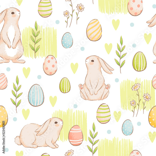 A cute seamless pattern with rabbits, carrots and colored eggs. Easter spring design with buns. Imitation of handmade watercolors