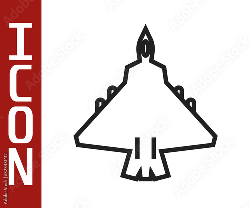 Black line Jet fighter icon isolated on white background. Military aircraft. Vector Illustration