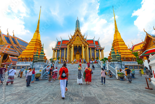 Thailand, Bangkok, 20 Dec 2019: Wat Phra Kaew or Phra Sri Rattanasasadam Temple at dusk Wat Phra Kaew is a famous place in Thailand. Bangkok landscape. photo