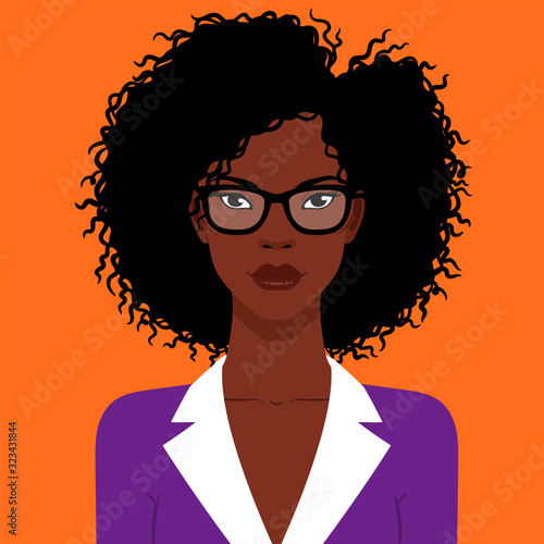 African American business woman in eyeglasses vector flat illustration.