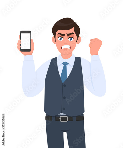 Frustrated angry man in vest suit showing mobile, cell or smartphone and making raised arm fist. Furious person gesturing hand sign. Male character holding gadget. Modern lifestyle in vector cartoon.