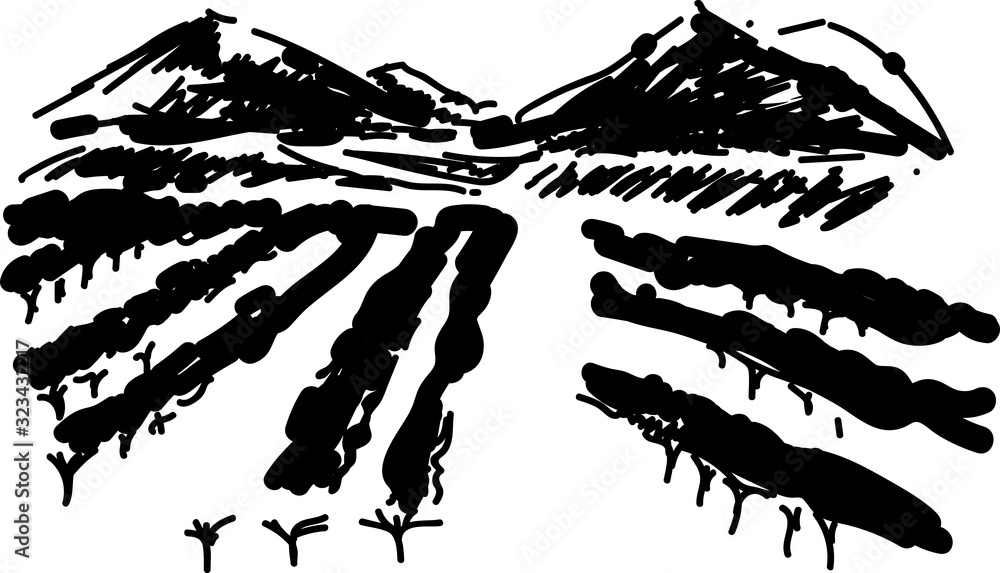 Sketch of landscape with vineyard and mountains on horizon Sketch of landscape with vineyard and mountains on horizon