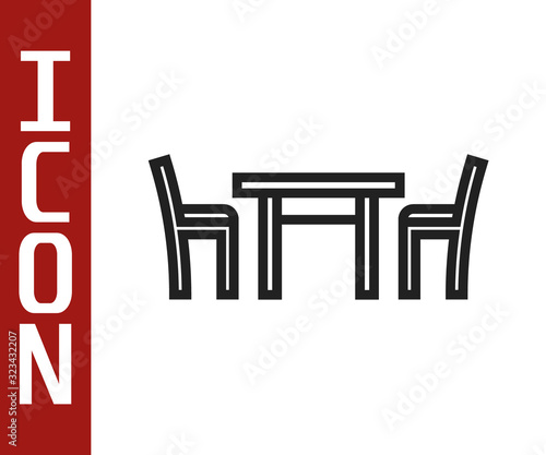 Black line Wooden table with chair icon isolated on white background. Vector Illustration