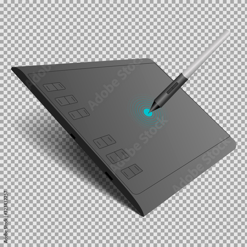 graphic tablet in black with a pen on a transparent background. Isolated vector illustration