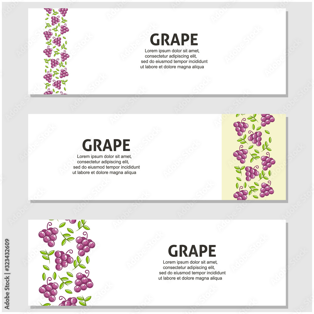 Grape fruit flat illustration with leaves vector banner background set of 3. Scalable and editable. Vector design for banner, background, card, landing page, brochure, flyer, cover