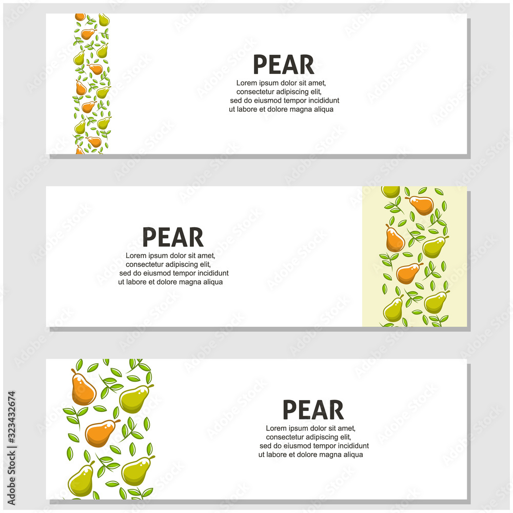 Pear fruit flat illustration with leaves vector banner background set of 3. Scalable and editable. Vector design for banner, background, card, landing page, brochure, flyer, cover