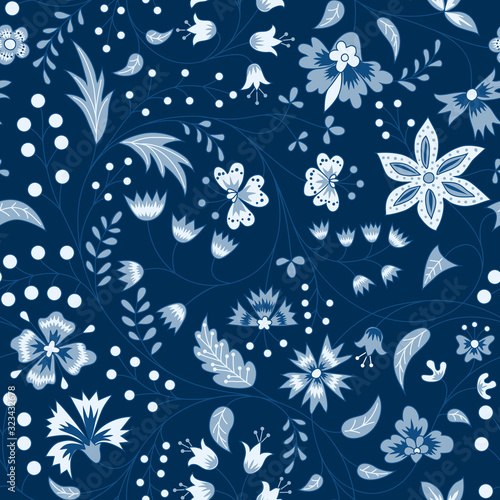 Chintz seamless pattern. Blue floral background. Indian Fabric with blue flowers