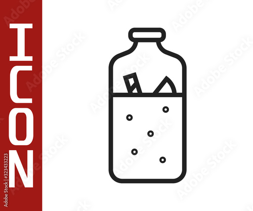 Black line Mulled wine with ingredients icon isolated on white background. Cinnamon stick, clove, lemon slice. Vector Illustration
