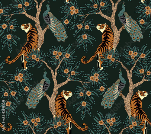 Seamless pattern with tiger and peacock on tree with flowers in asian style