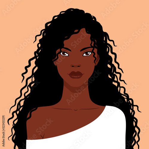 African American woman with long curly hair, vector flat illustration.