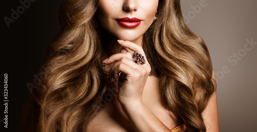 Woman Beauty, Fashion Model Red Lips Make Up, Long Wavy Hairstyle