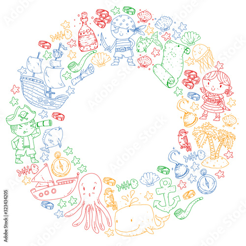 Pirates and mermaids. Vector pattern for little children. Birthday party in sea and ocean style © helen_f