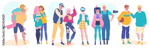 Teenage friends, happy young teens in fashion clothes, vector illustration. Young guys and girls laughing and taking selfies, isolated cartoon characters. Friendly teenagers, happy people together
