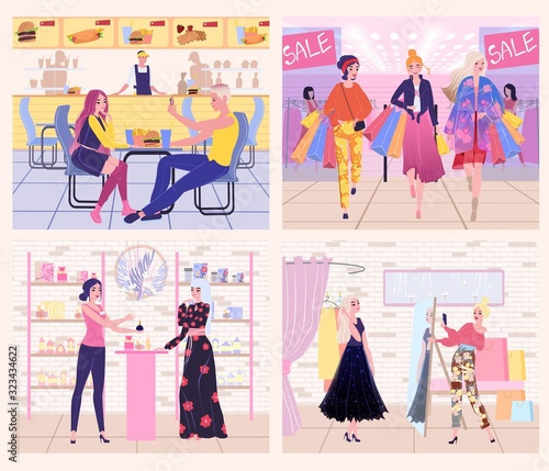 People in shopping mall, women in fashion clothes store, vector illustration. Woman trying on new dress, choosing perfume, shopping in fashion boutique with friends. Young couple eating in food court