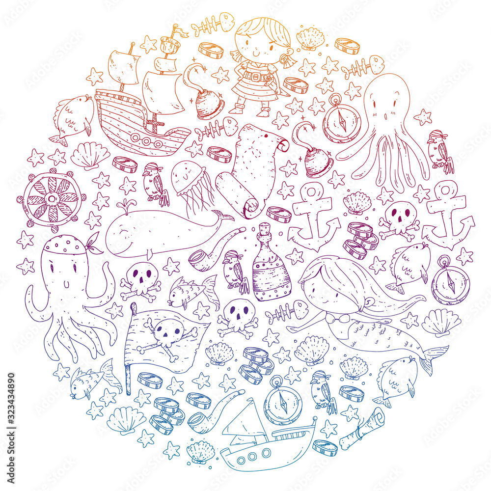 Fototapeta premium Pirates and mermaids. Diving icons. Vector pattern for little children. Birthday party in sea and ocean style
