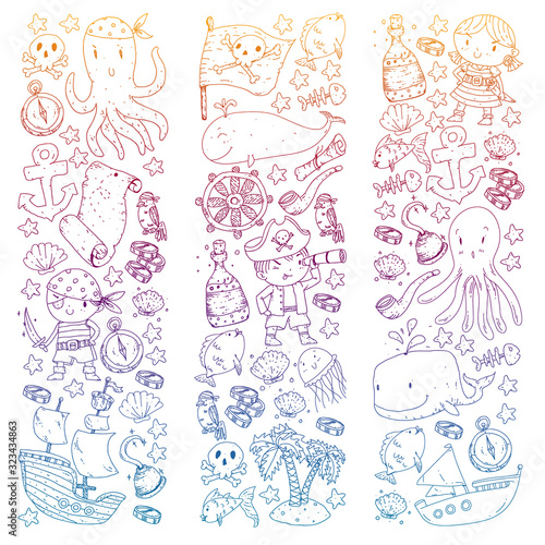 Pirates and mermaids. Diving icons. Vector pattern for little children. Birthday party in sea and ocean style