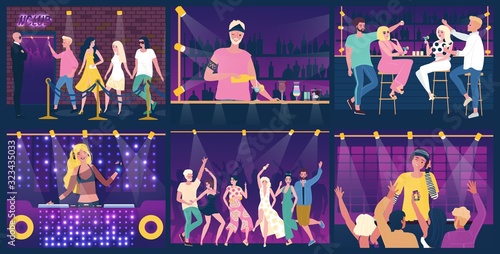 People having fun at party in night club, dancing and drinking, vector illustration. Set of scenes in night club, dj music, bartender cartoon character. Men and women dancing at night party together