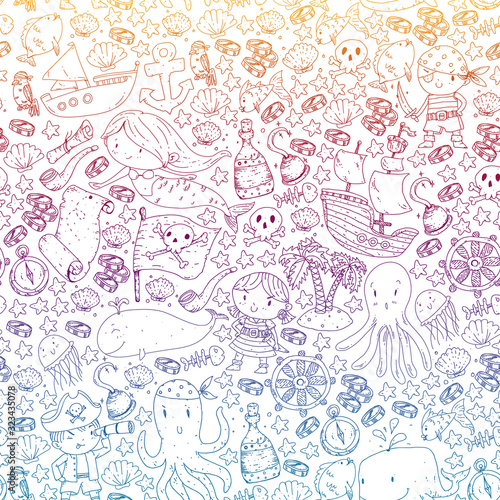 Pirates and mermaids. Diving icons. Vector pattern for little children. Birthday party in sea and ocean style