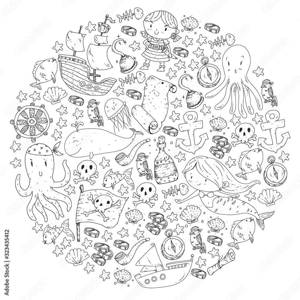 Pirates and mermaids. Vector pattern for little children. Birthday party in sea and ocean style Pirates and mermaids. Vector pattern for little children. Birthday party in sea and ocean style