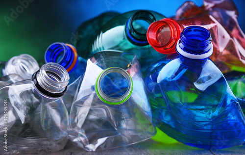 Empty colored carbonated drink bottles. Plastic waste photo