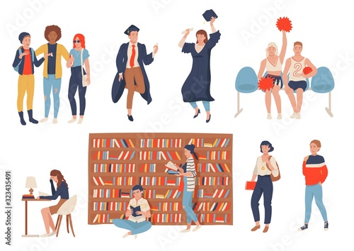 Students in school, college or university, set of cartoon characters, vector illustration. Hand drawn people studying in college, reading books in library. Students education, learning and graduation